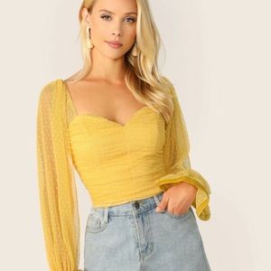 Flounce Sleeve Ruched Front Mesh Sweetheart Top